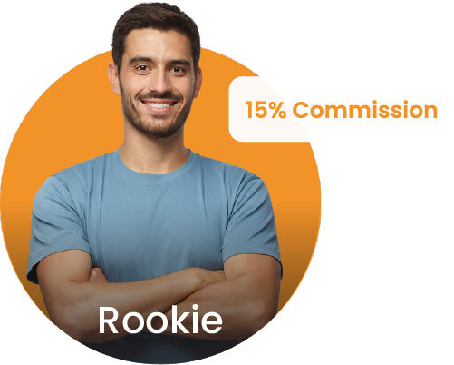 Image of man respresenting Rookie Tier of our affiliate program, stating 15% Commission