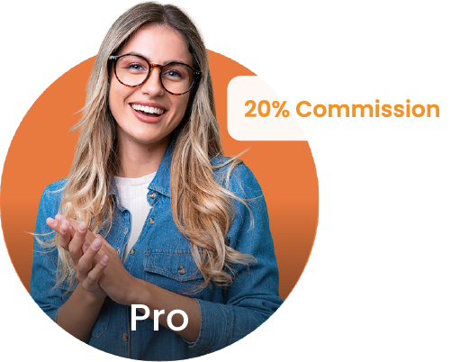 Image of woman respresenting Pro Tier of our affiliate program, stating 20% Commission