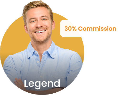 Image of man respresenting Legend Tier of our affiliate program, stating 30% Commission
